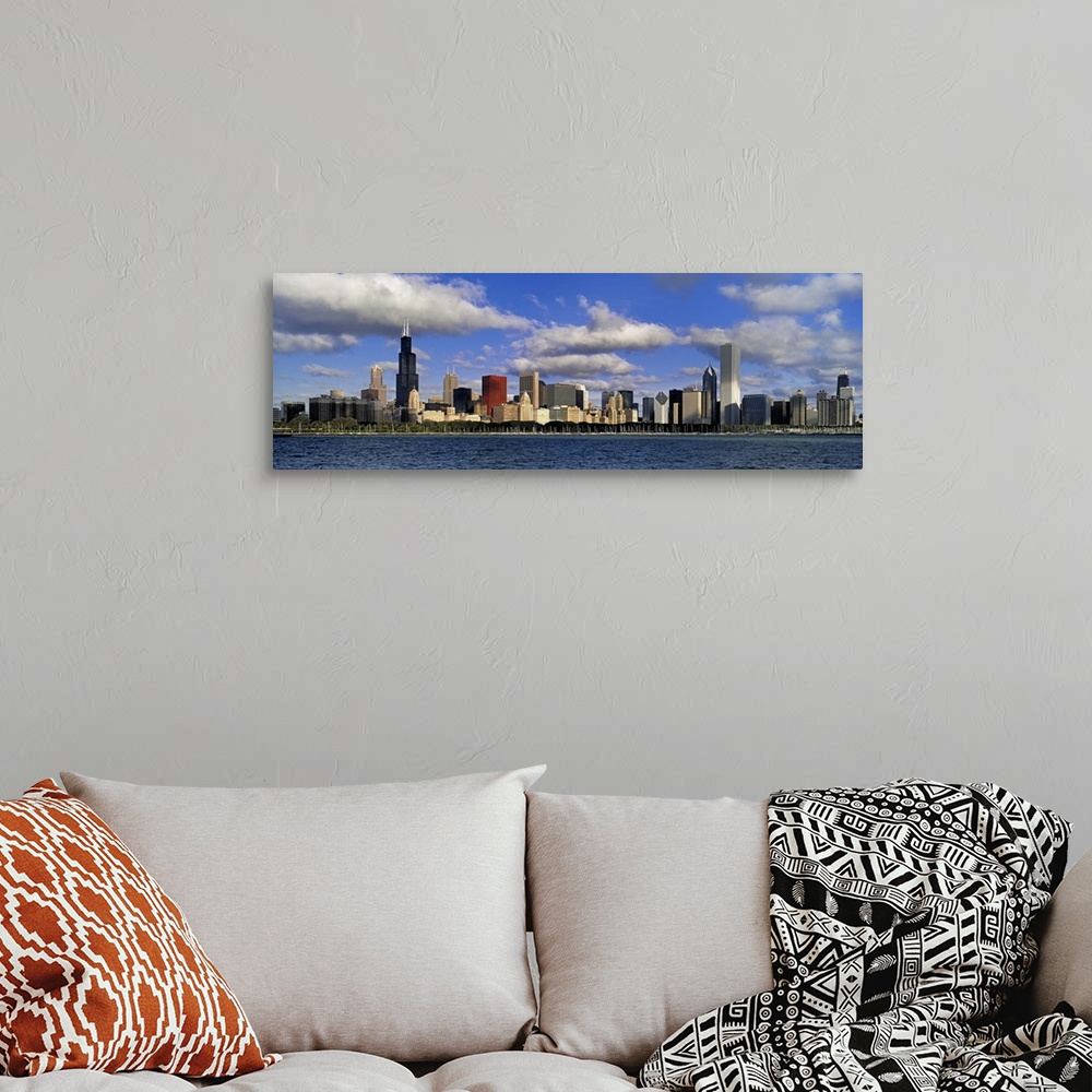 A bohemian room featuring Large panoramic photograph of downtown Chicago, Illinois (IL) on a suny day with large clouds in ...