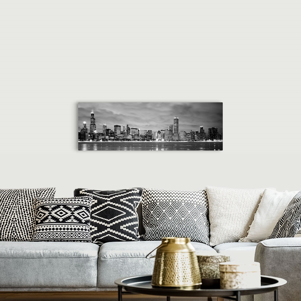 A bohemian room featuring Black and White panoramic photograph showing the view from Lake Michigan in winter of the Chicago...