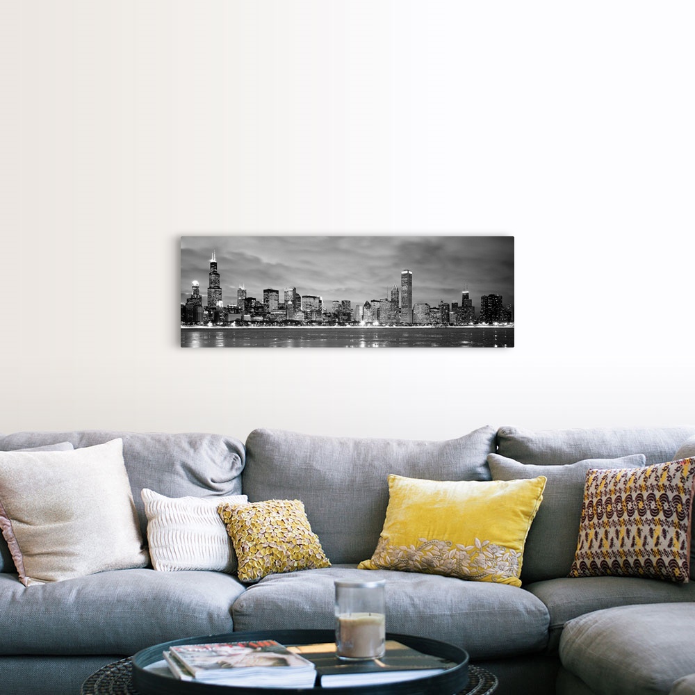 A farmhouse room featuring Black and White panoramic photograph showing the view from Lake Michigan in winter of the Chicago...