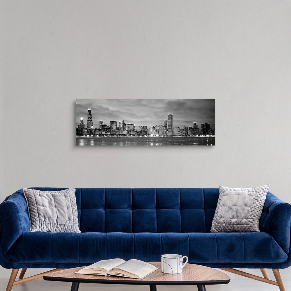 A modern room featuring Black and White panoramic photograph showing the view from Lake Michigan in winter of the Chicago...