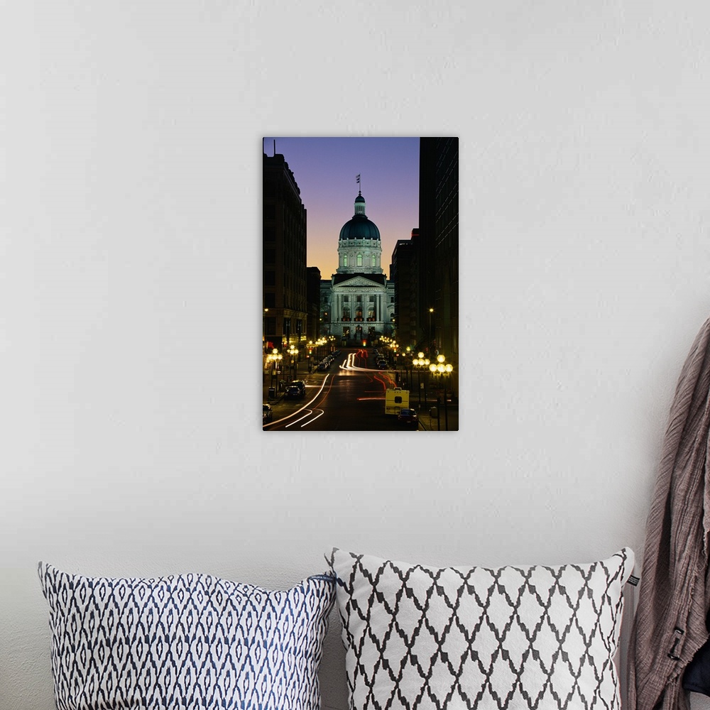 A bohemian room featuring Tall canvas photo art of the Capitol Building in Indiana lit up at dusk seen from the front with ...
