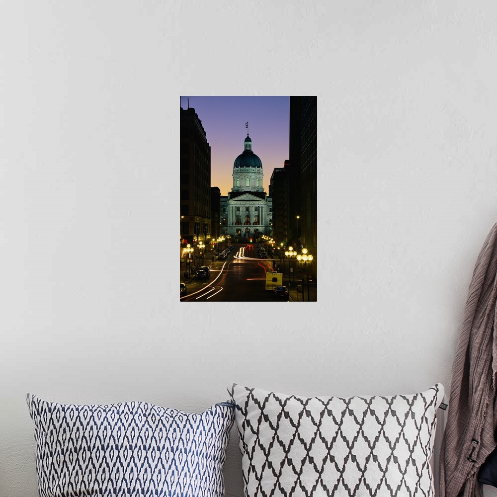 A bohemian room featuring Tall canvas photo art of the Capitol Building in Indiana lit up at dusk seen from the front with ...