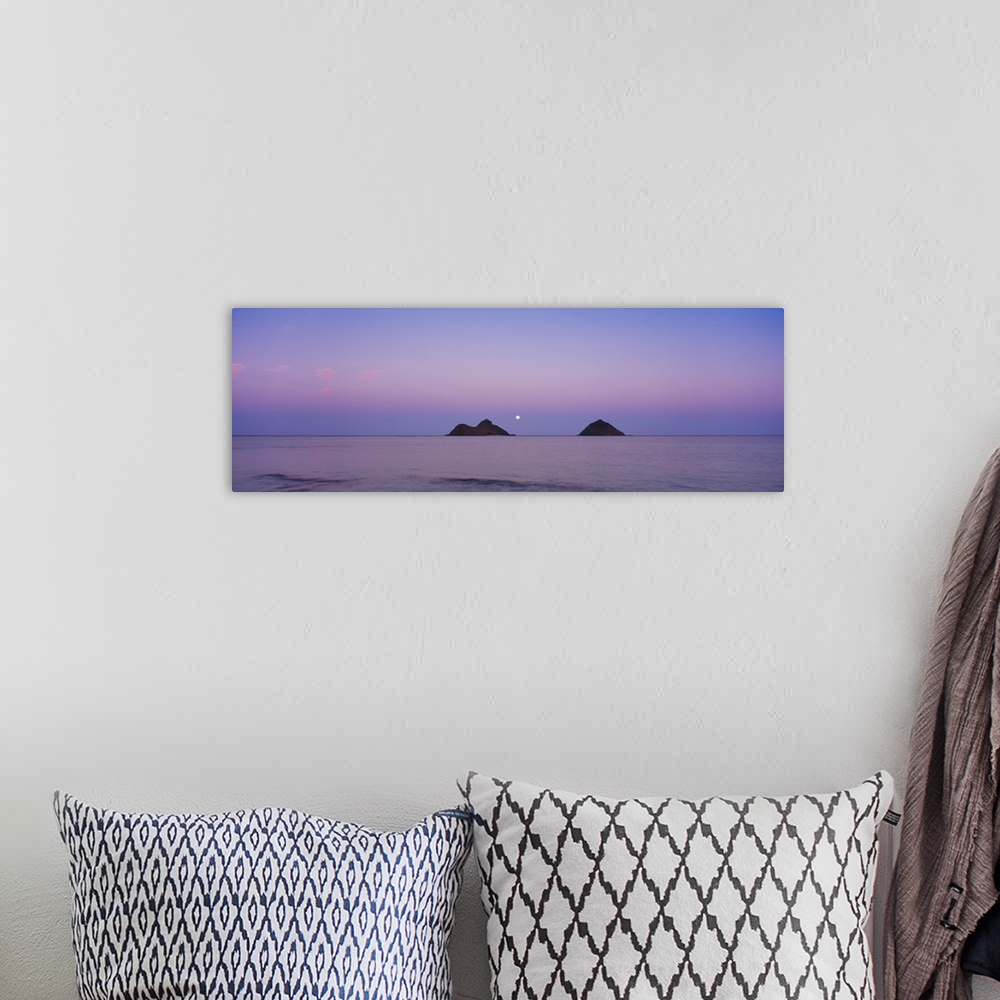 A bohemian room featuring Giant horizontal photograph of a pastel sky over the water near Oahu, Hawaii, the Na Mokulua Isla...