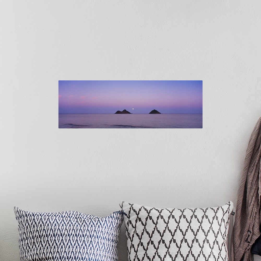 A bohemian room featuring Giant horizontal photograph of a pastel sky over the water near Oahu, Hawaii, the Na Mokulua Isla...