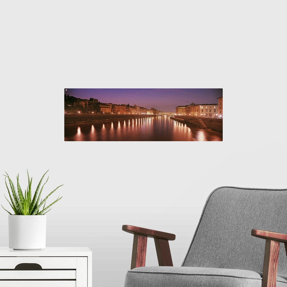A modern room featuring Italy, Florence, Arno River, Panoramic view of building along a lit up river