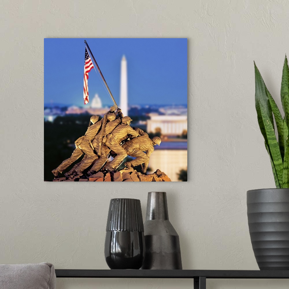 A modern room featuring Iwo Jima Memorial with Washington Monument in the background