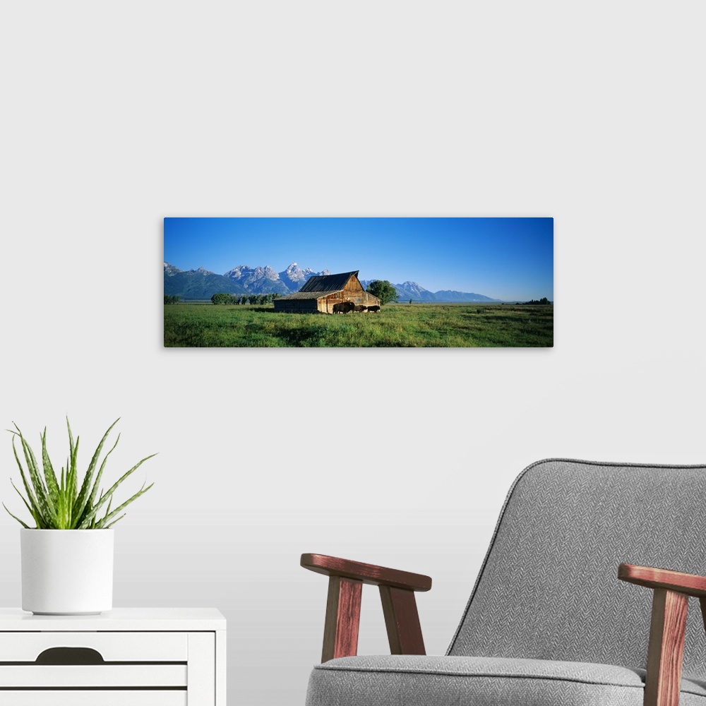 A modern room featuring Panoramic photograph of farmhouse in the middle of a grassy meadow with snow capped mountains in ...