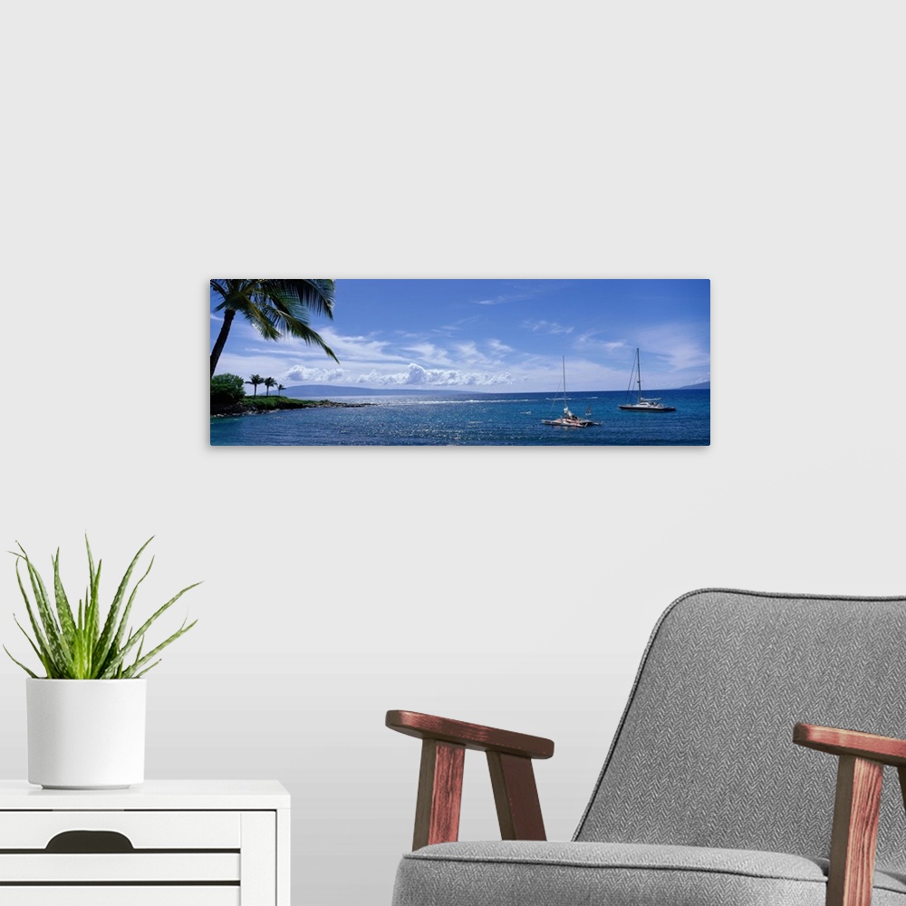 A modern room featuring Panoramic photograph taken of a bay in Hawaii with land and palm trees on the left side and two b...