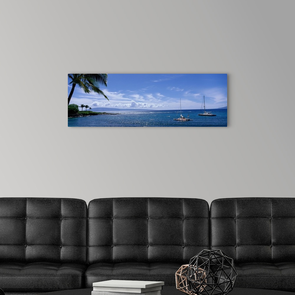 A modern room featuring Panoramic photograph taken of a bay in Hawaii with land and palm trees on the left side and two b...