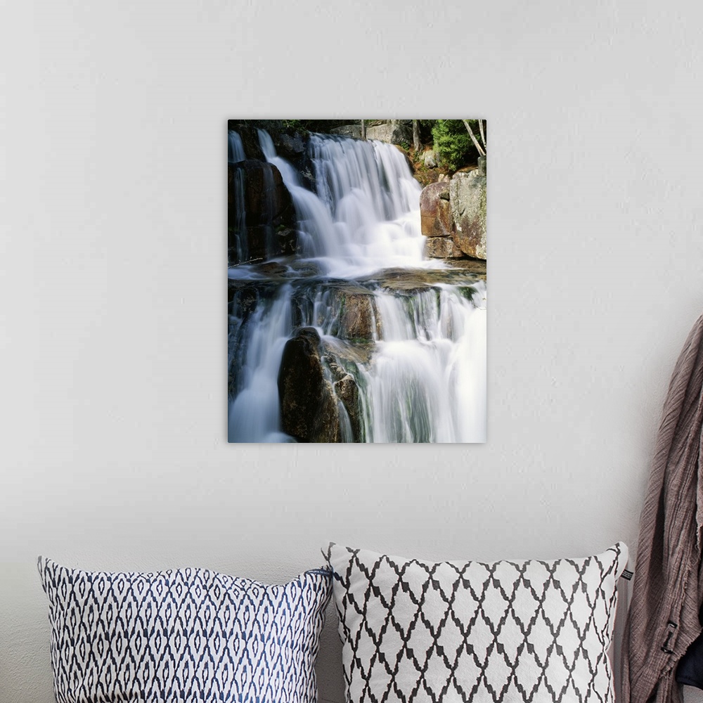 A bohemian room featuring Photograph of a multi-leveled waterfall in Baxter State Park, Maine (ME).