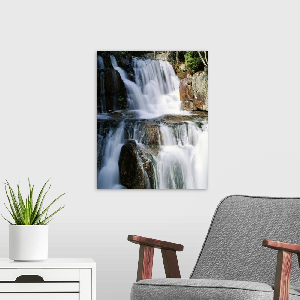 A modern room featuring Photograph of a multi-leveled waterfall in Baxter State Park, Maine (ME).