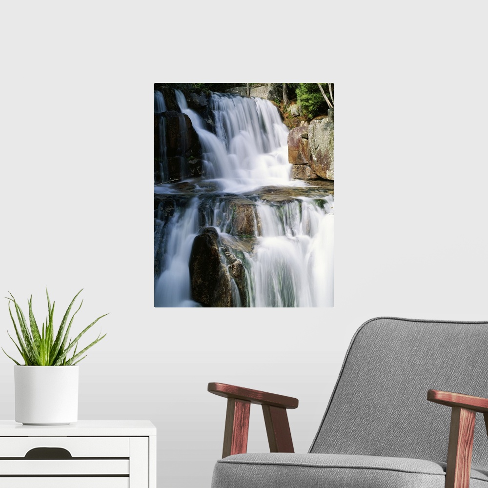 A modern room featuring Photograph of a multi-leveled waterfall in Baxter State Park, Maine (ME).