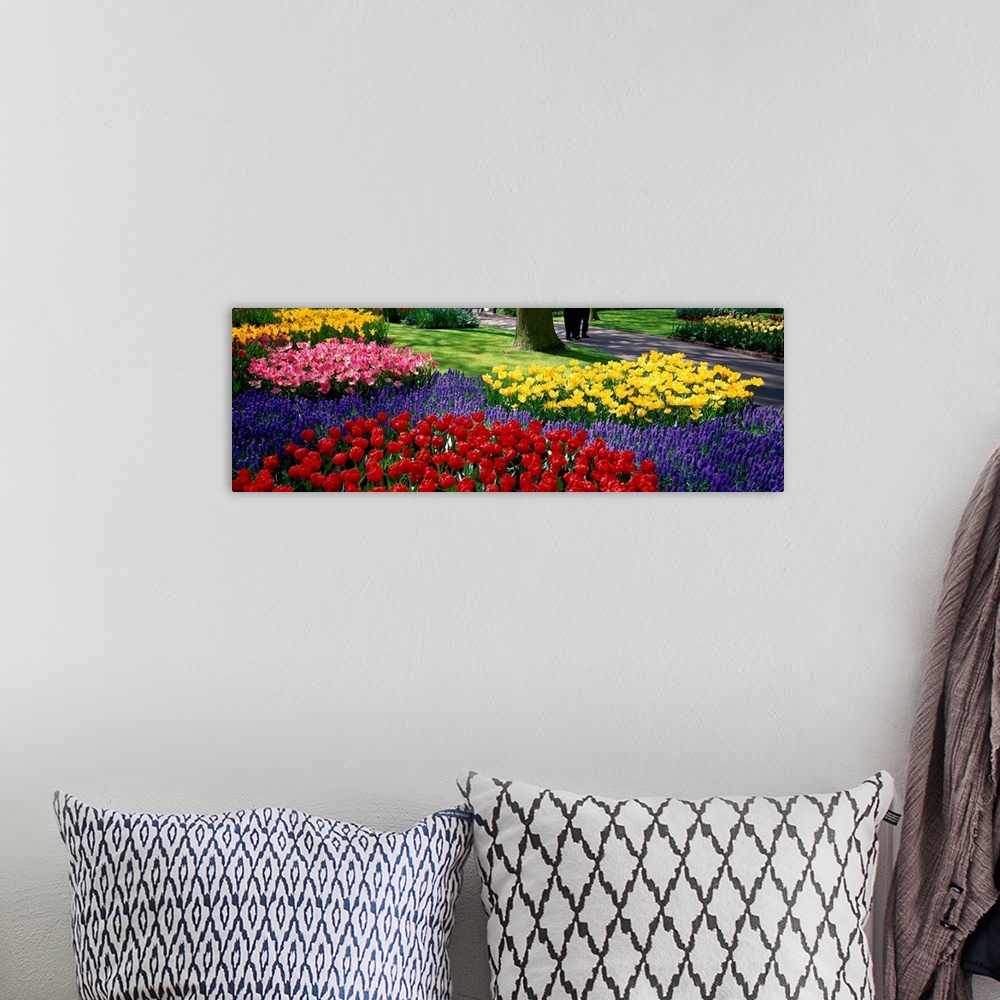 A bohemian room featuring Panoramic photograph displays various groups of vibrantly colored flowers as they sit near the ed...