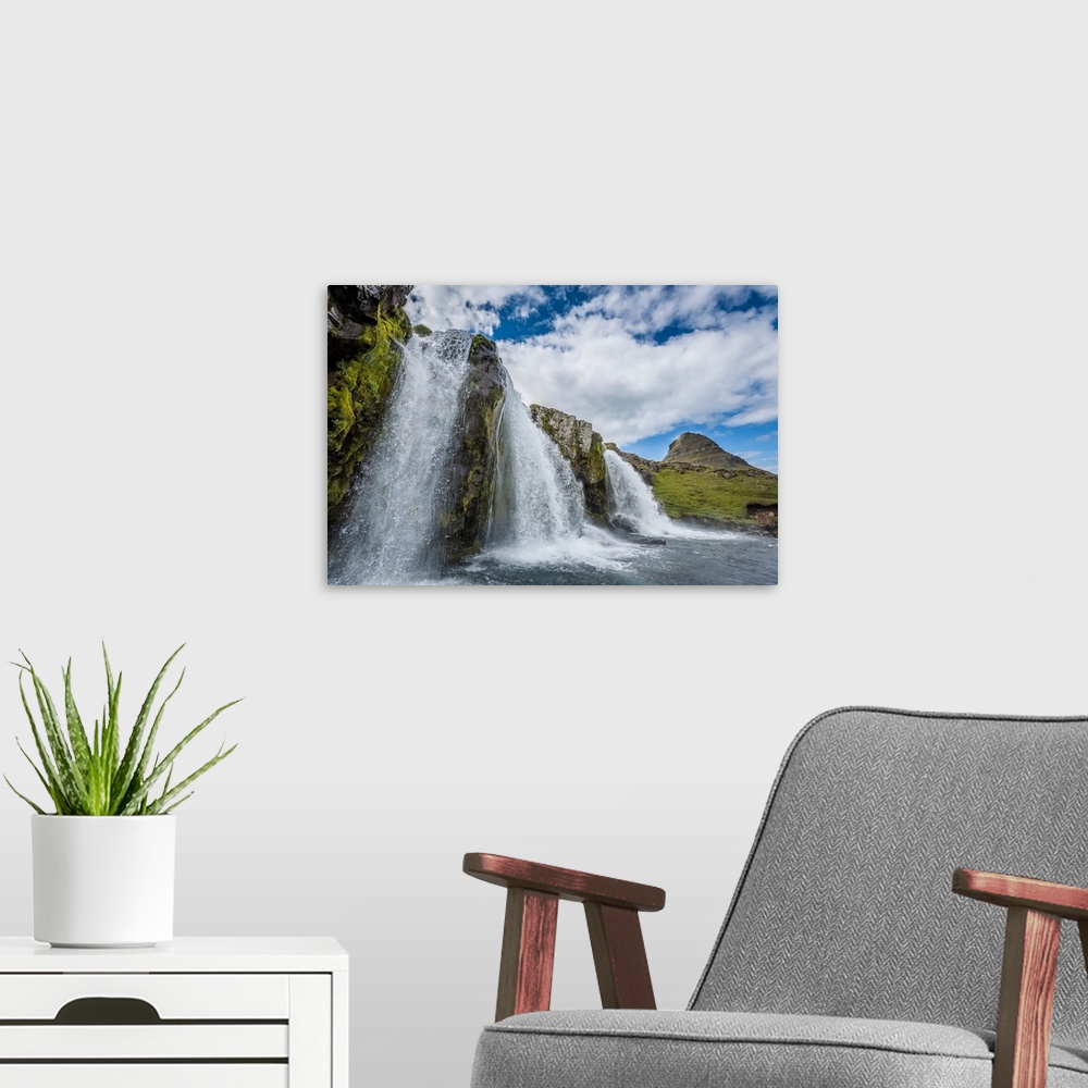 A modern room featuring Kirkjufellsfoss Waterfalls, (Church Mountain Falls) Grundarfjordur, Iceland