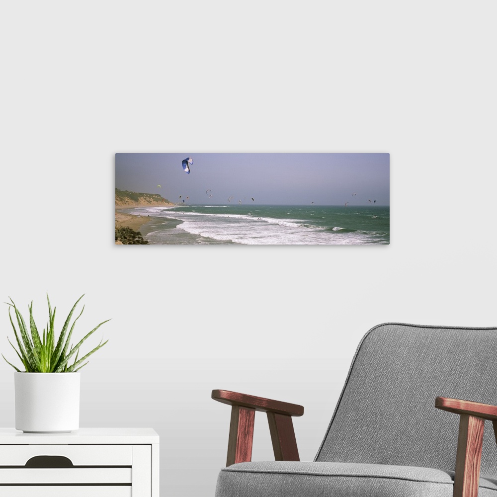 A modern room featuring Kite surfers over the sea, Waddell Beach, Waddell Creek, Santa Cruz County, California