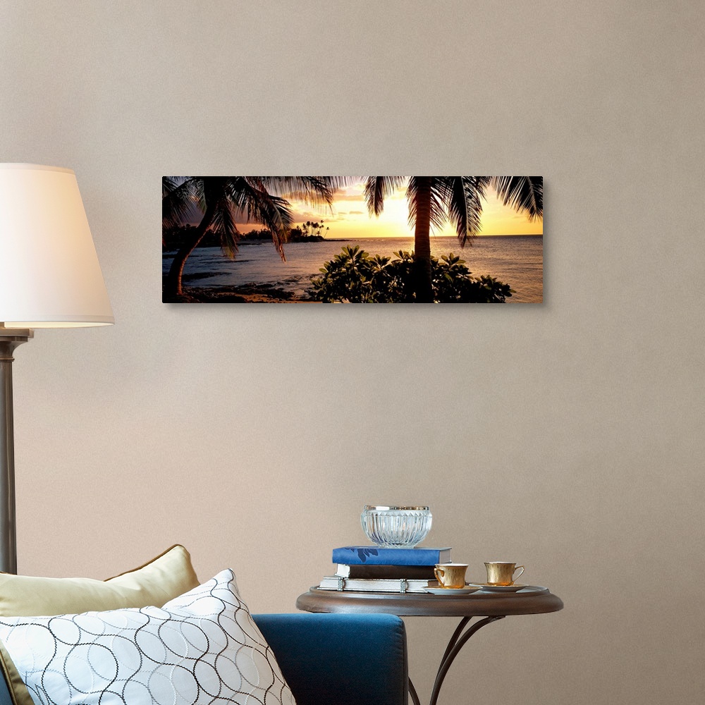 A traditional room featuring Panoramic wall art photo for the office or home of the Hawaiian coast; palm trees grow along the ...