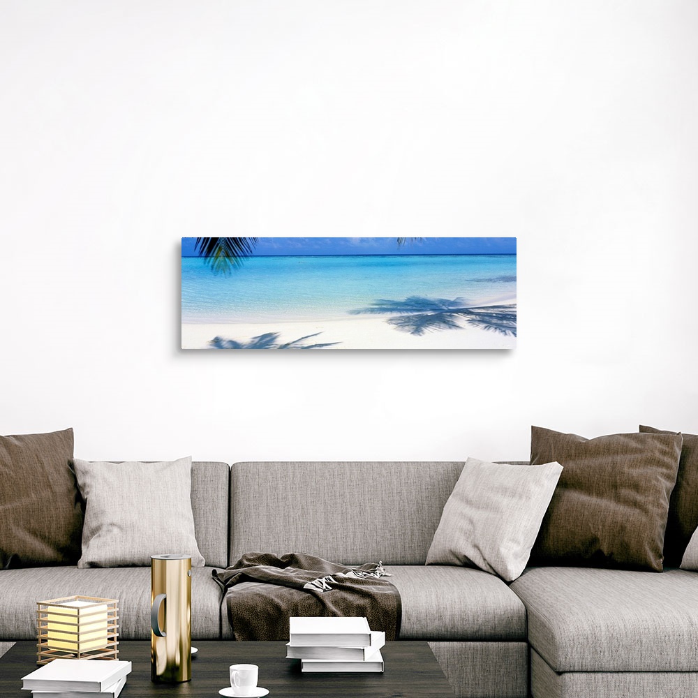 A traditional room featuring Panoramic landscape photograph of a tropical beach with palm trees casting shadows in the sand.