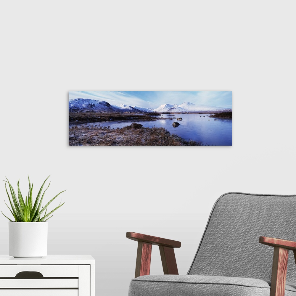 A modern room featuring Lake at the foothill of mountains, Black Mount, Lochan Na h'Achlaise, Rannoch Moor, Highlands Reg...