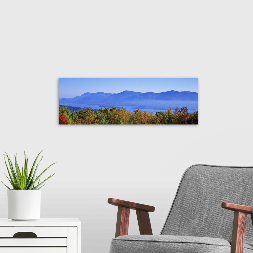 A modern room featuring Panoramic photograph on a large wall hanging of the tops of autumn trees in front of Lake George,...