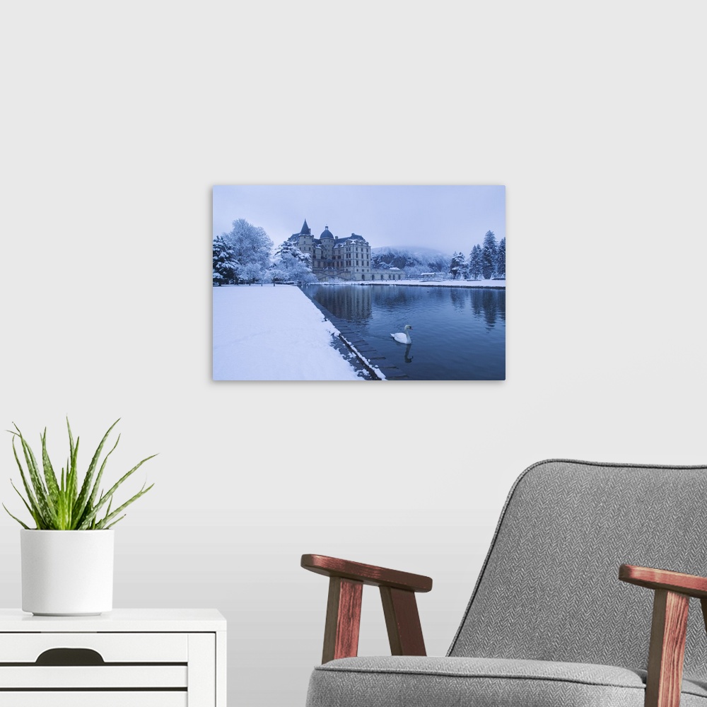 A modern room featuring Lake in front of a chateau, Chateau de Vizille, Swan Lake, Vizille, France