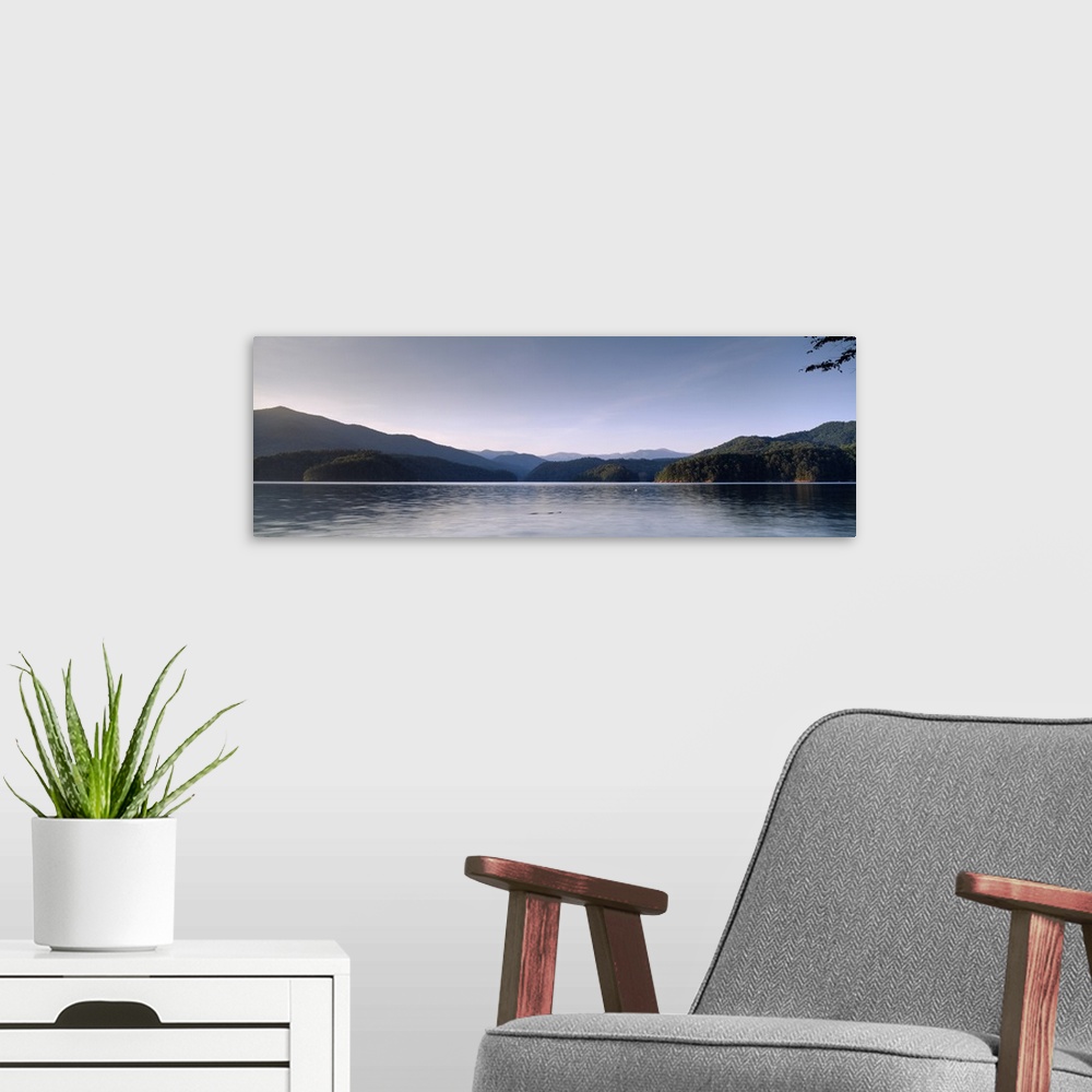 A modern room featuring Lake in front of mountains, Fontana Lake, North Carolina