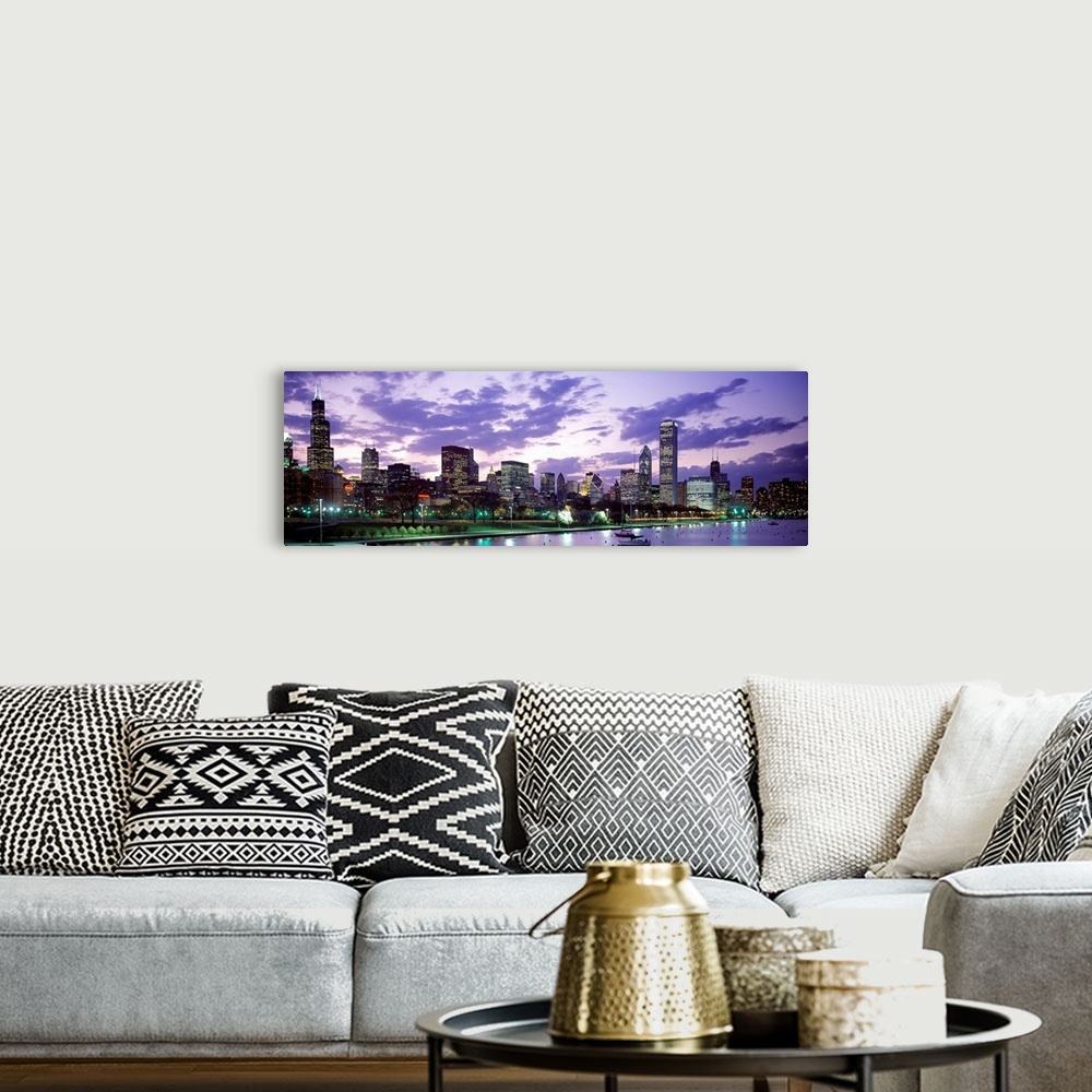 A bohemian room featuring A panoramic photograph taken on Lake Michigan shows the busy skyline filled with skyscrapers in C...