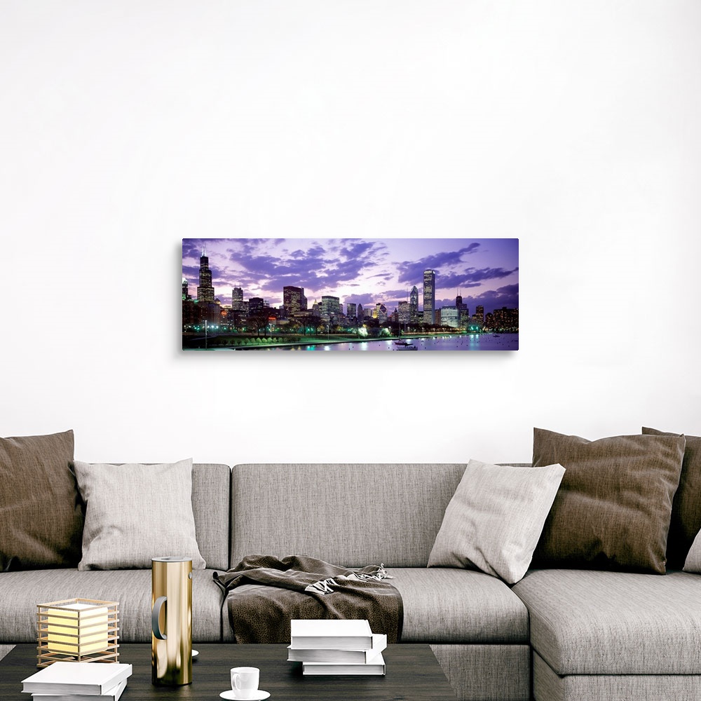 A traditional room featuring A panoramic photograph taken on Lake Michigan shows the busy skyline filled with skyscrapers in C...