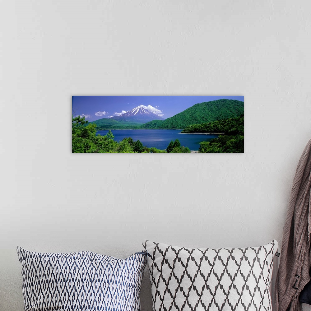 A bohemian room featuring Panoramic photo on canvas of a giant mountain with some snow off in the distance and a forest sur...
