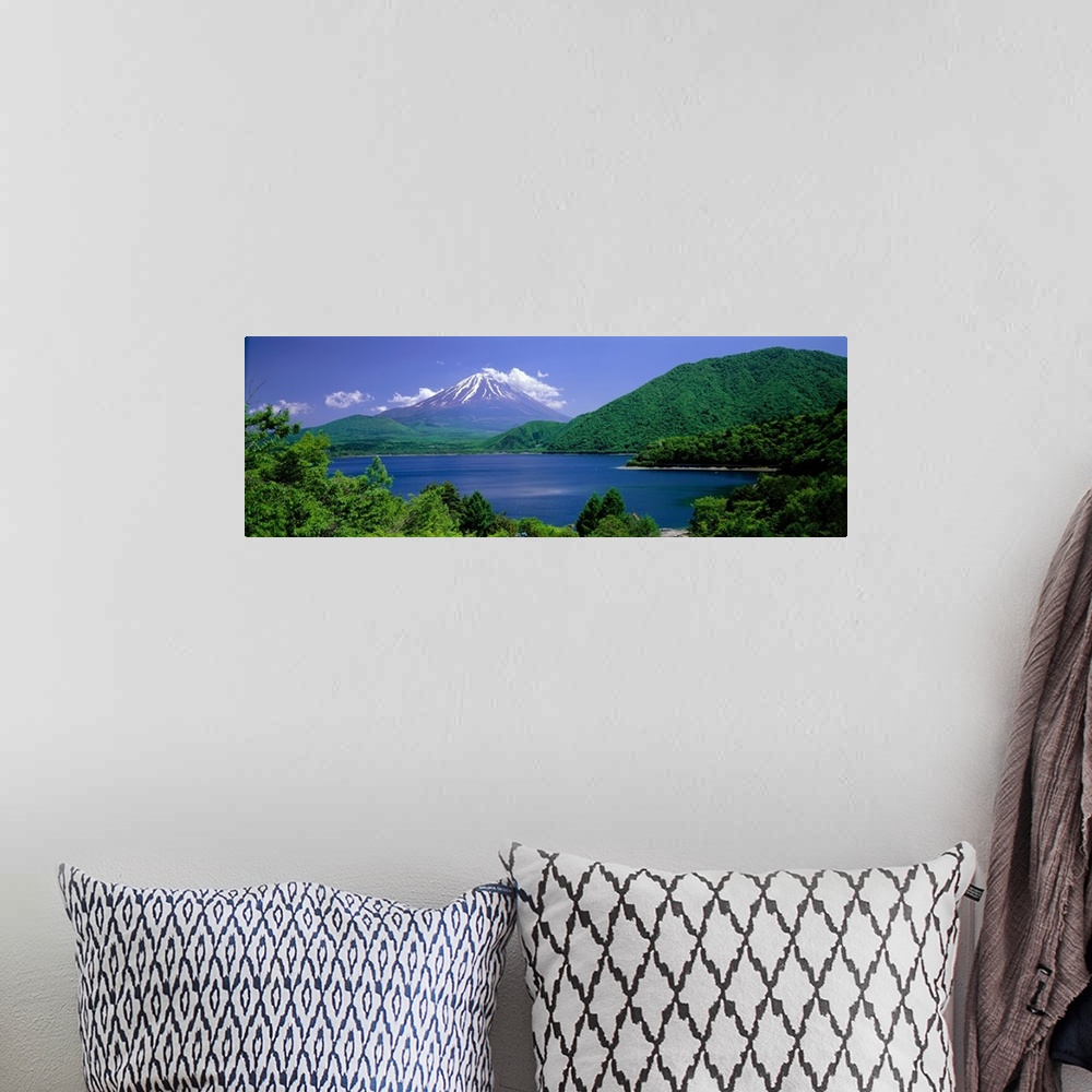 A bohemian room featuring Panoramic photo on canvas of a giant mountain with some snow off in the distance and a forest sur...