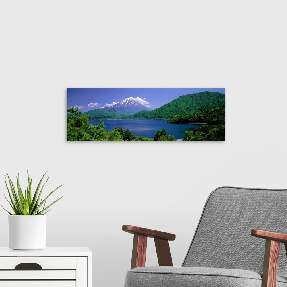 A modern room featuring Panoramic photo on canvas of a giant mountain with some snow off in the distance and a forest sur...