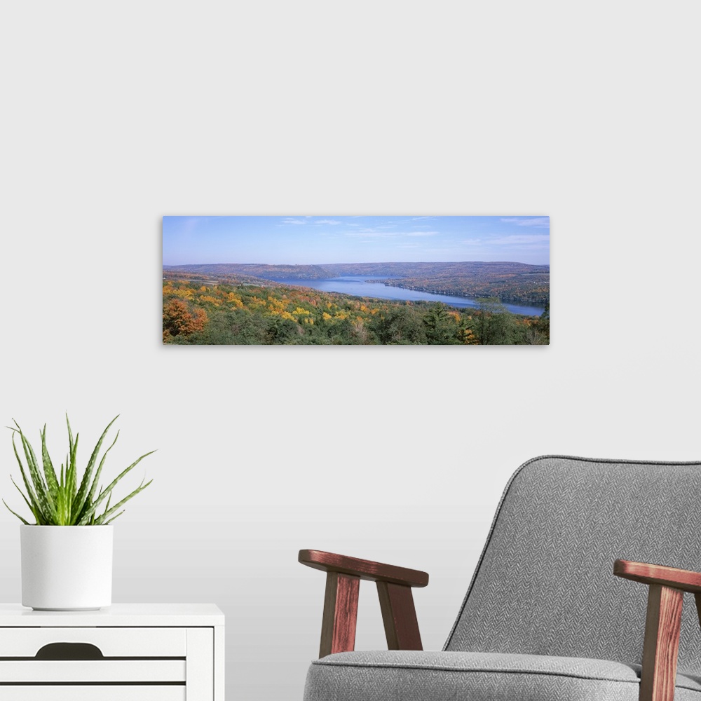 A modern room featuring Lake surrounded by hills, Keuka Lake, Finger Lakes, New York State