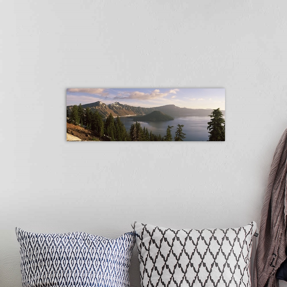 A bohemian room featuring Lake surrounded by mountains, Wizard Island, Crater Lake National Park, Oregon, USA