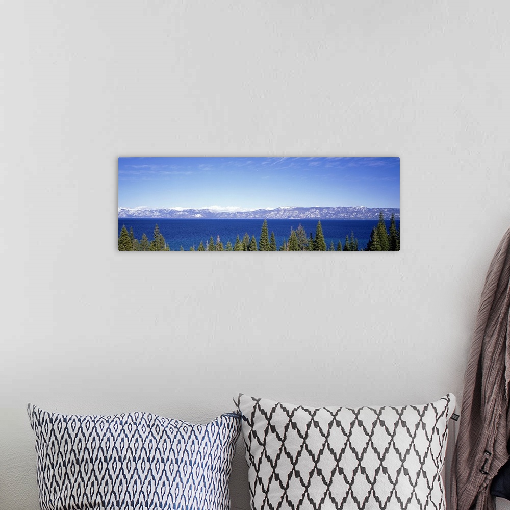 A bohemian room featuring Giant, panoramic photograph looking over pine tree tops, onto the blue waters of Lake Tahoe in Ca...