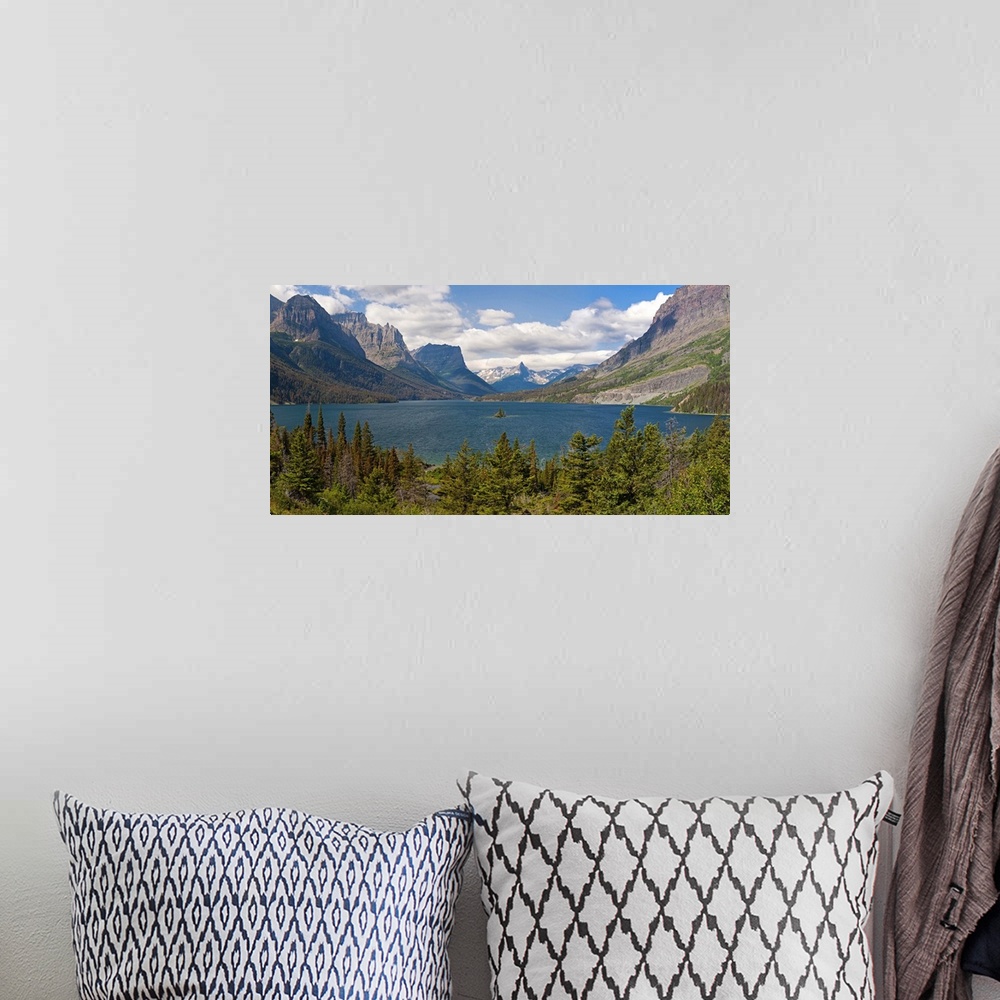 A bohemian room featuring Lake with a mountain range in the background, Saint Mary Lake, Montana