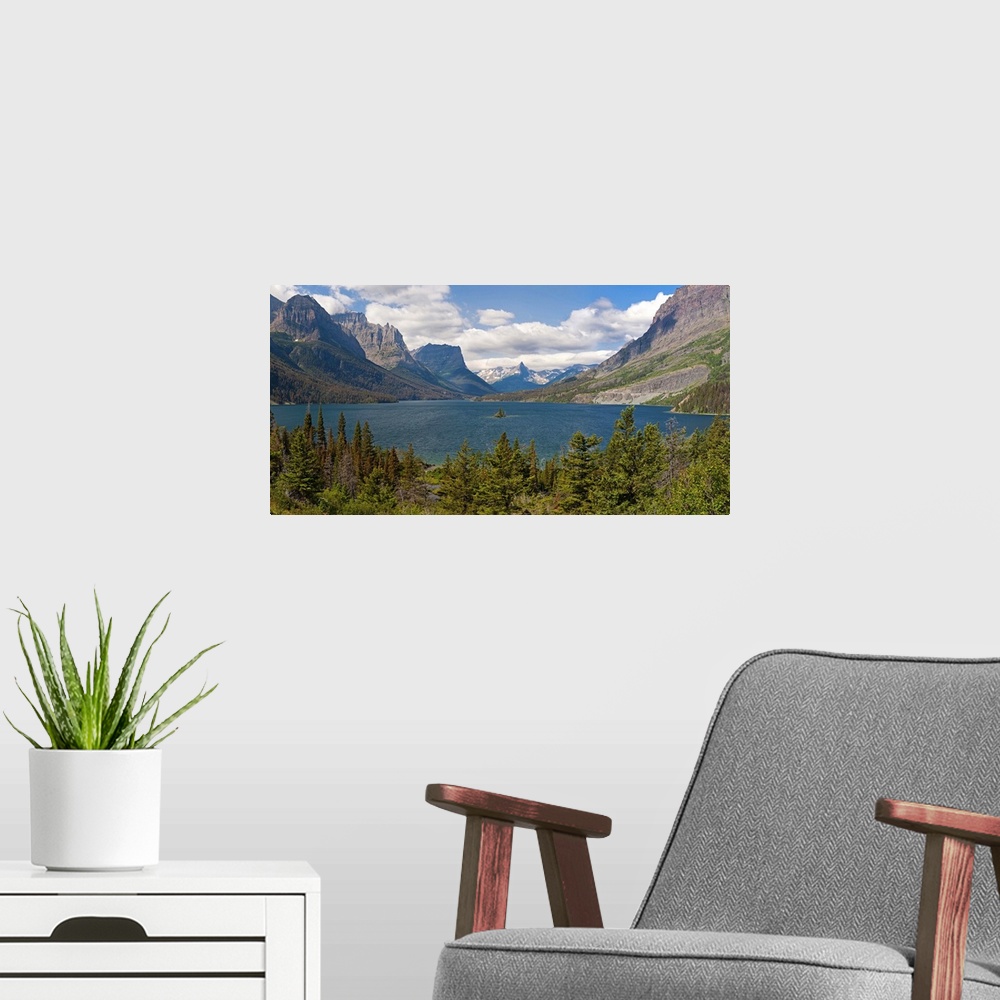 A modern room featuring Lake with a mountain range in the background, Saint Mary Lake, Montana