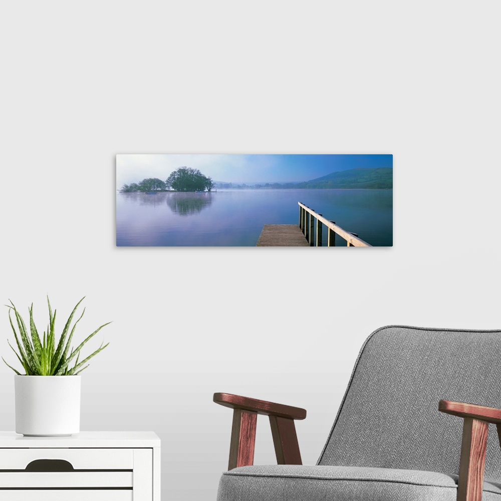 A modern room featuring Lake with mountains in the background, Llangorse Lake, Brecon Beacons, Brecon Beacons National Pa...