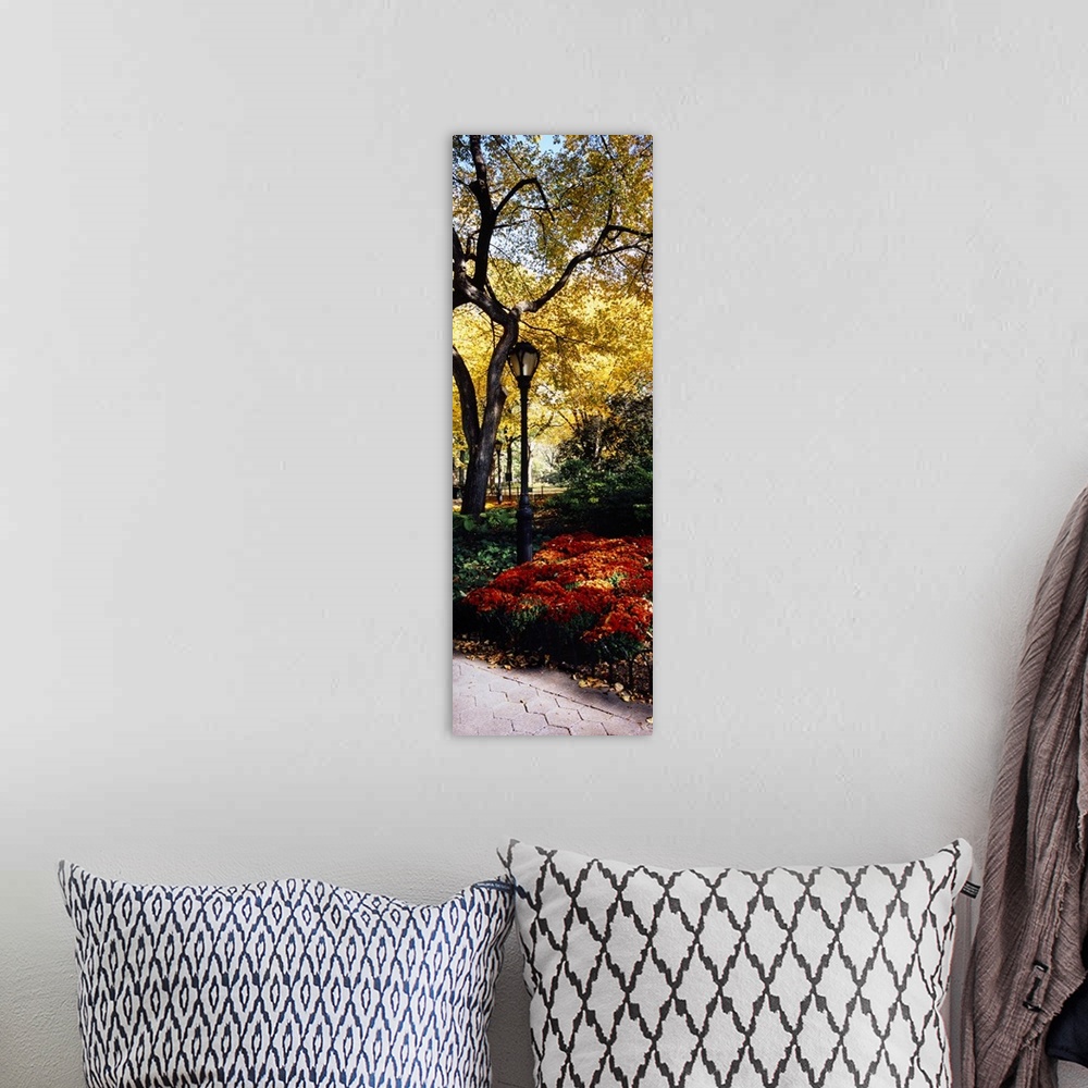 A bohemian room featuring Large vertical panoramic photograph of a single lamppost surrounded by flowers and trees in Centr...
