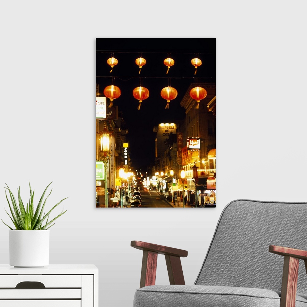 A modern room featuring Lanterns hanging across a street, Grant Street, Chinatown, San Francisco, California