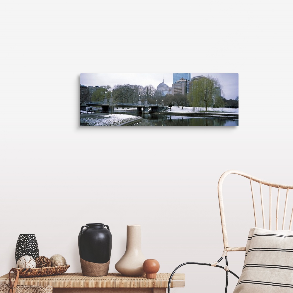 A farmhouse room featuring Panoramic photo print of a snowy portion of Boston near a waterfront.