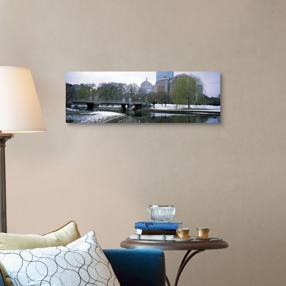 A traditional room featuring Panoramic photo print of a snowy portion of Boston near a waterfront.