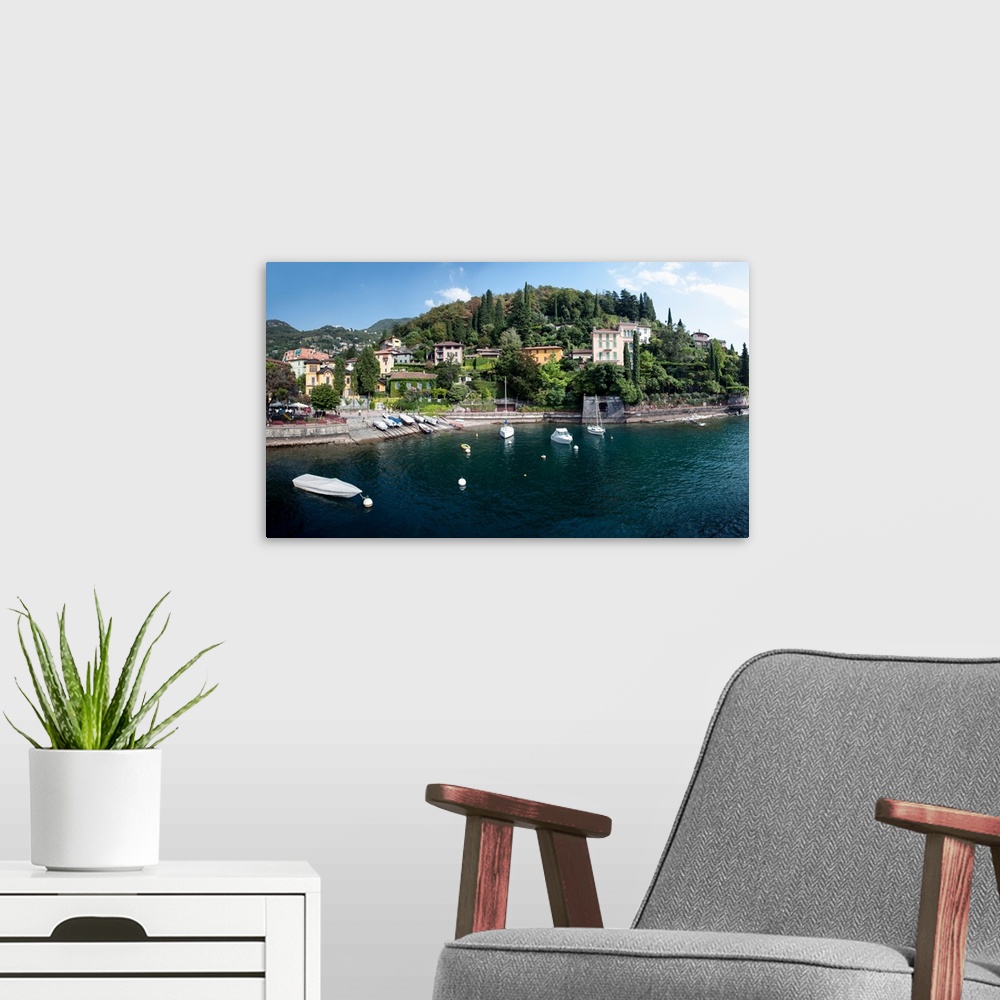 A modern room featuring Late afternoon view of waterfront at Varenna, Lake Como, Lombardy, Italy
