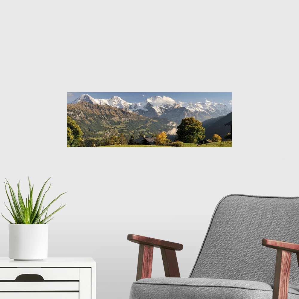 A modern room featuring Lauterbrunnen Valley with Mt Eiger, Mt Monch and Mt Jungfrau in the background, Sulwald, Bernese ...