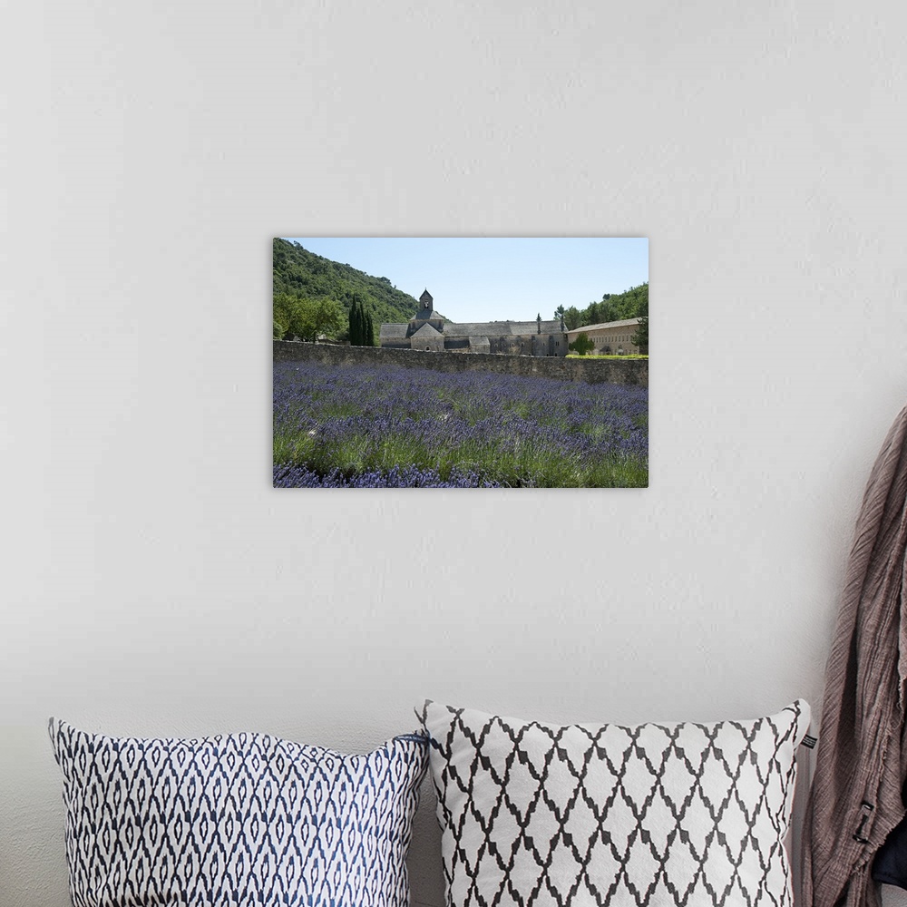 A bohemian room featuring Lavender field in front of a monastery, Abbaye de Senanque
