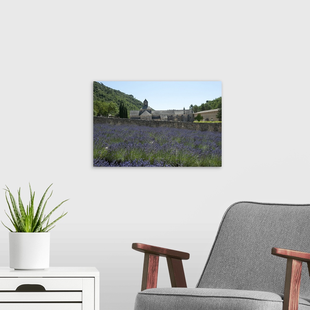 A modern room featuring Lavender field in front of a monastery, Abbaye de Senanque