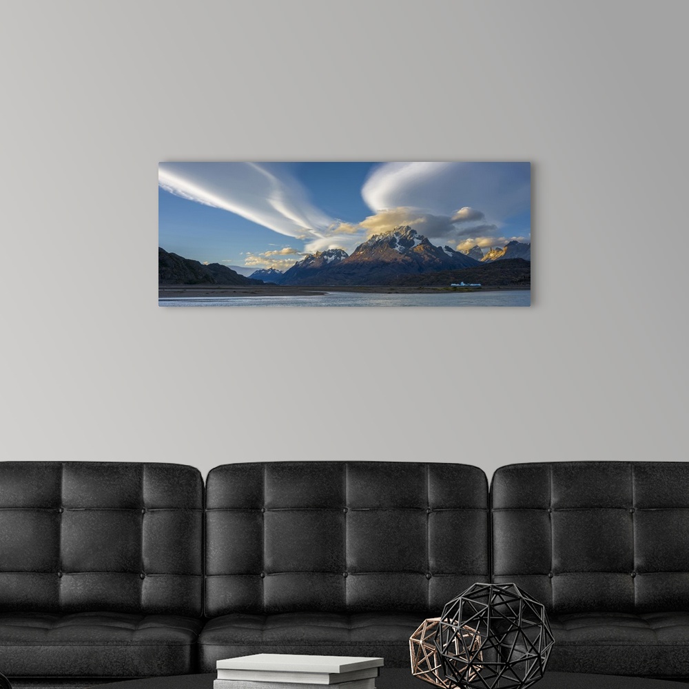 A modern room featuring Lenticular clouds over mountain peaks, Grey Lake, Torres Del Paine National Park, Chile.