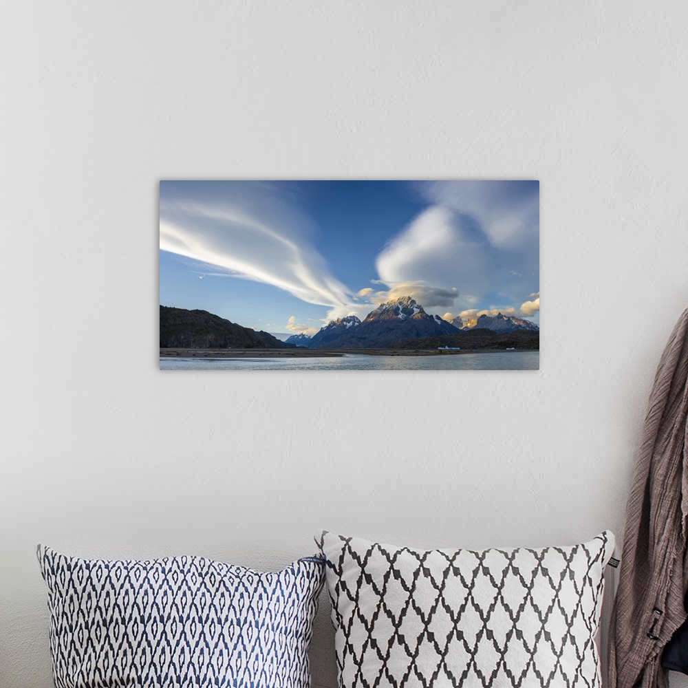 A bohemian room featuring Lenticular clouds over mountain peaks, Grey Lake, Torres Del Paine National Park, Chile.