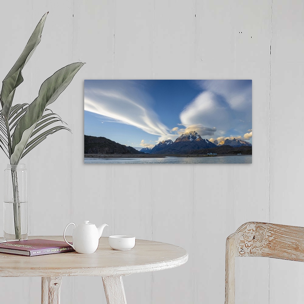 A farmhouse room featuring Lenticular clouds over mountain peaks, Grey Lake, Torres Del Paine National Park, Chile.