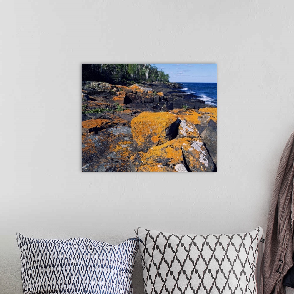 A bohemian room featuring Lichen-covered boulders on Lake Superior shoreline, Cascade River State Park, Minnesota