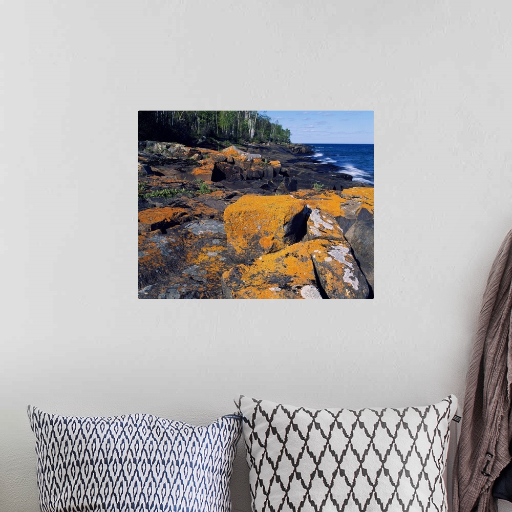 A bohemian room featuring Lichen-covered boulders on Lake Superior shoreline, Cascade River State Park, Minnesota