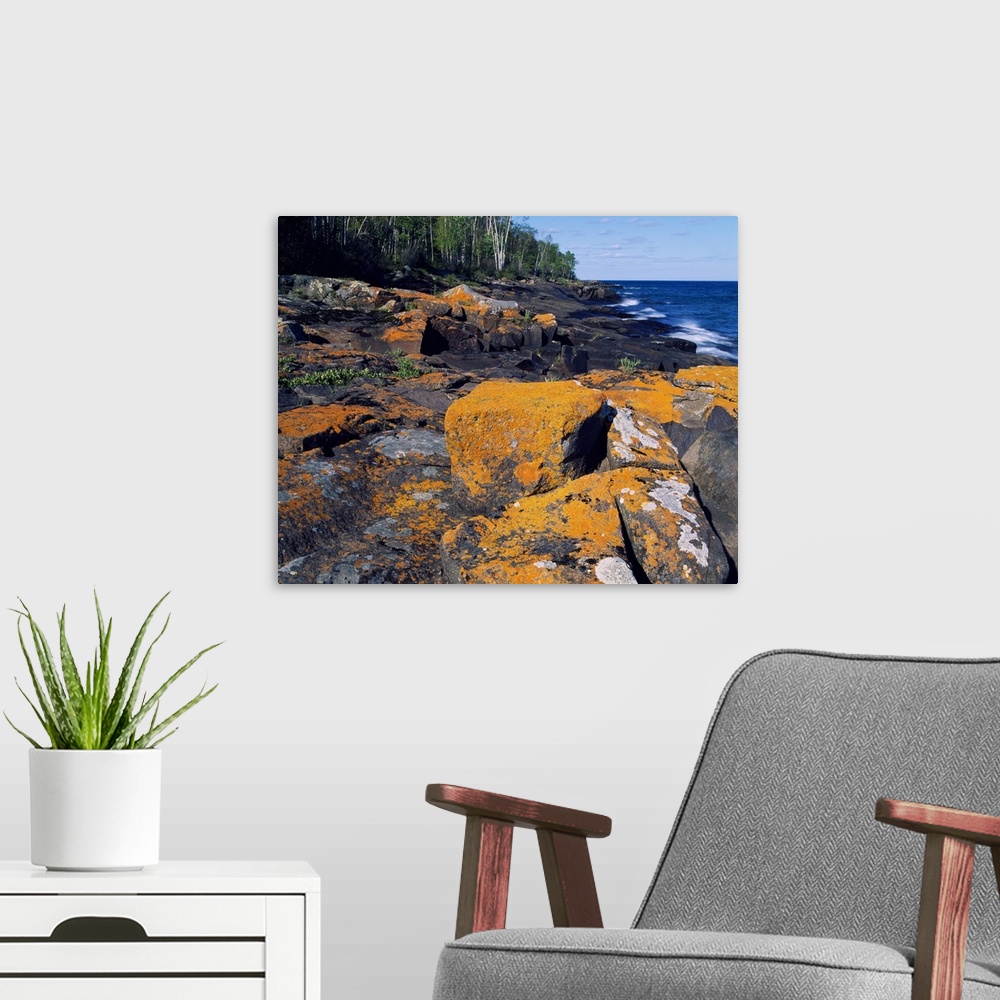 A modern room featuring Lichen-covered boulders on Lake Superior shoreline, Cascade River State Park, Minnesota